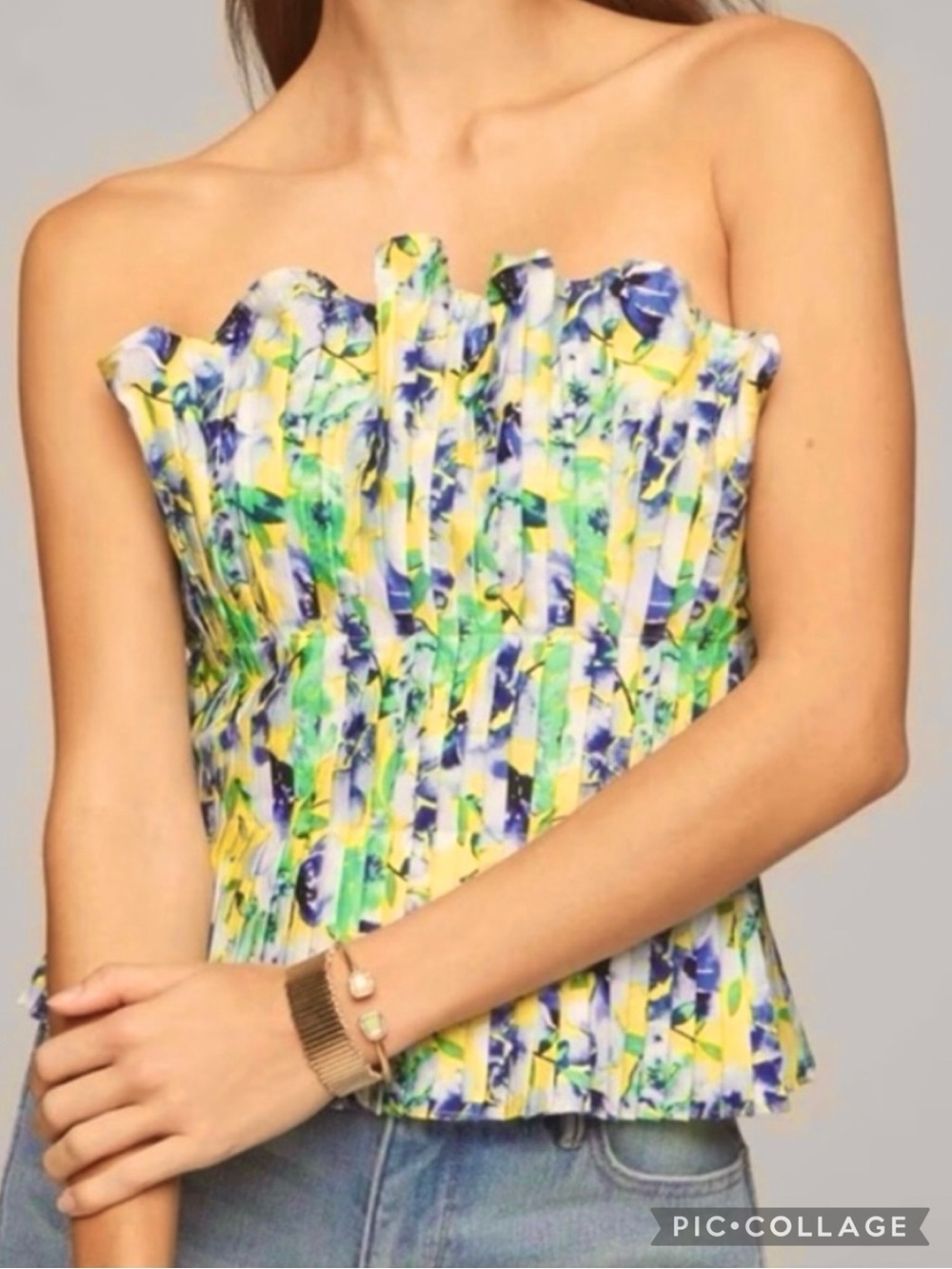 WHBM Ruffle Bustier Blue Yellow Floral Pleats Peplum Strapless Corset Top NWT 8